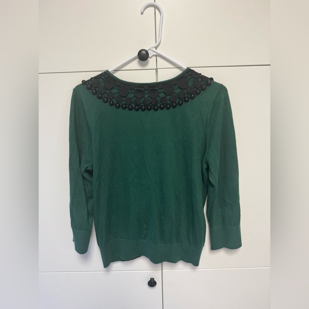 Kate Spade Forest Green Cardigan with Black Beaded Collar. Size L. - Picture 2 of 6